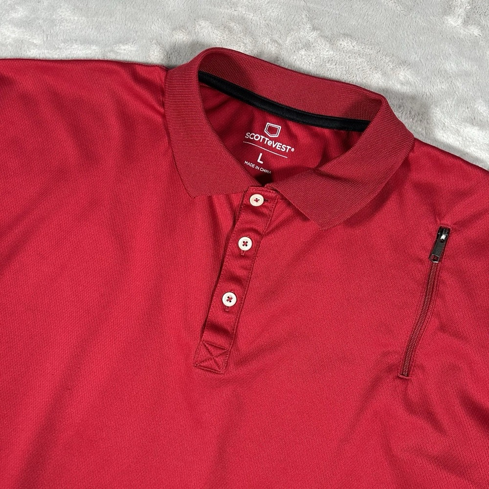 SCOTTEVEST TEC Polo Shirt Men's Large Red Hidden Pockets Performance Golf Travel